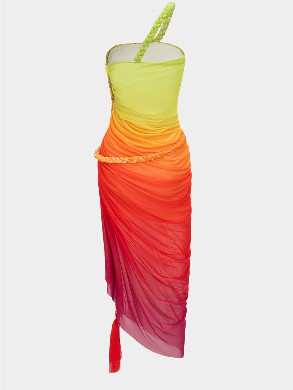 One-Shoulder Ombre Midi Dress in Lime, Orange & Red - Picture 2 of 5